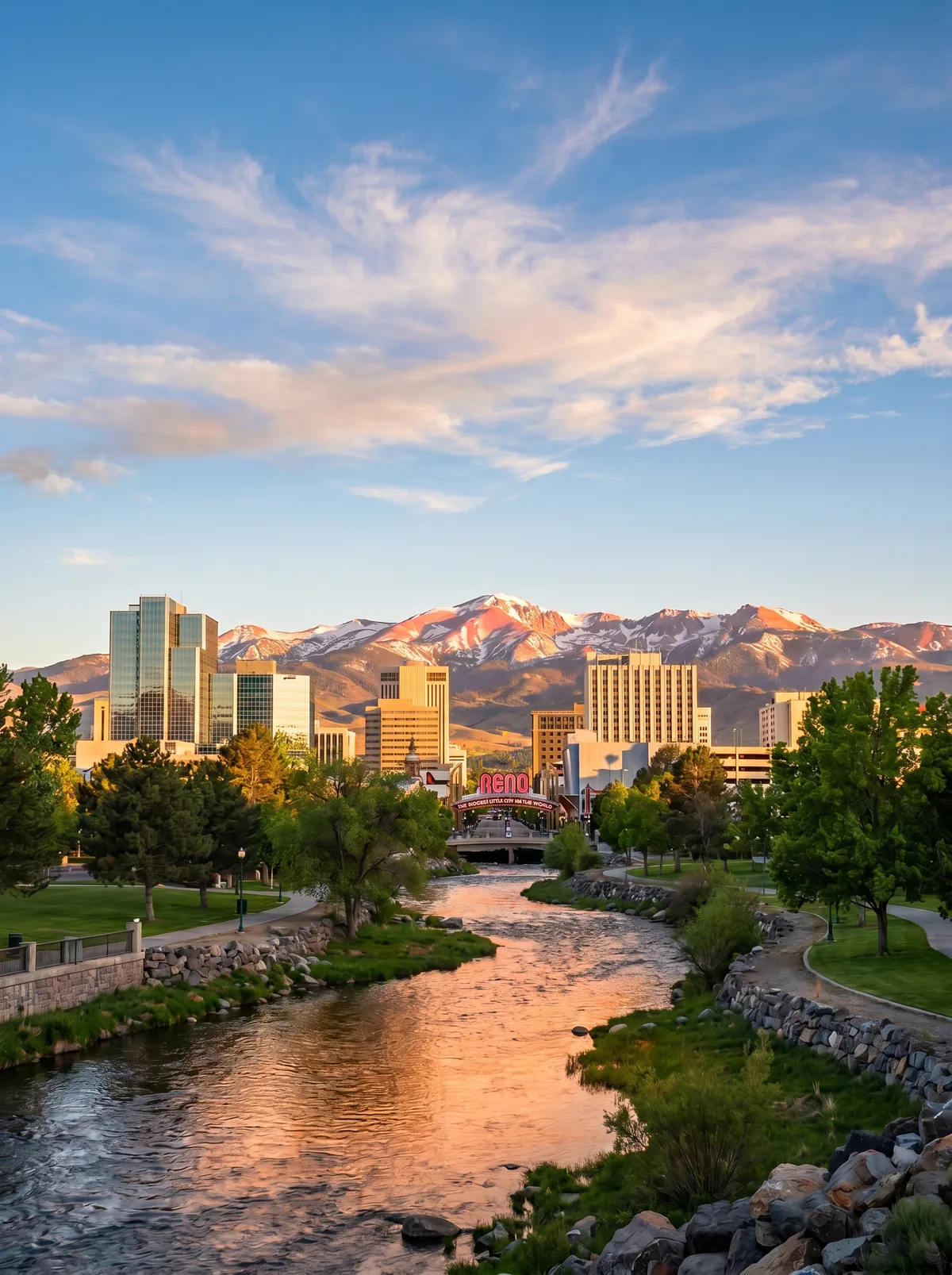 Beautiful Reno, Nevada skyline at golden hour with Sierra Nevada mountains — Local family-owned home buyers