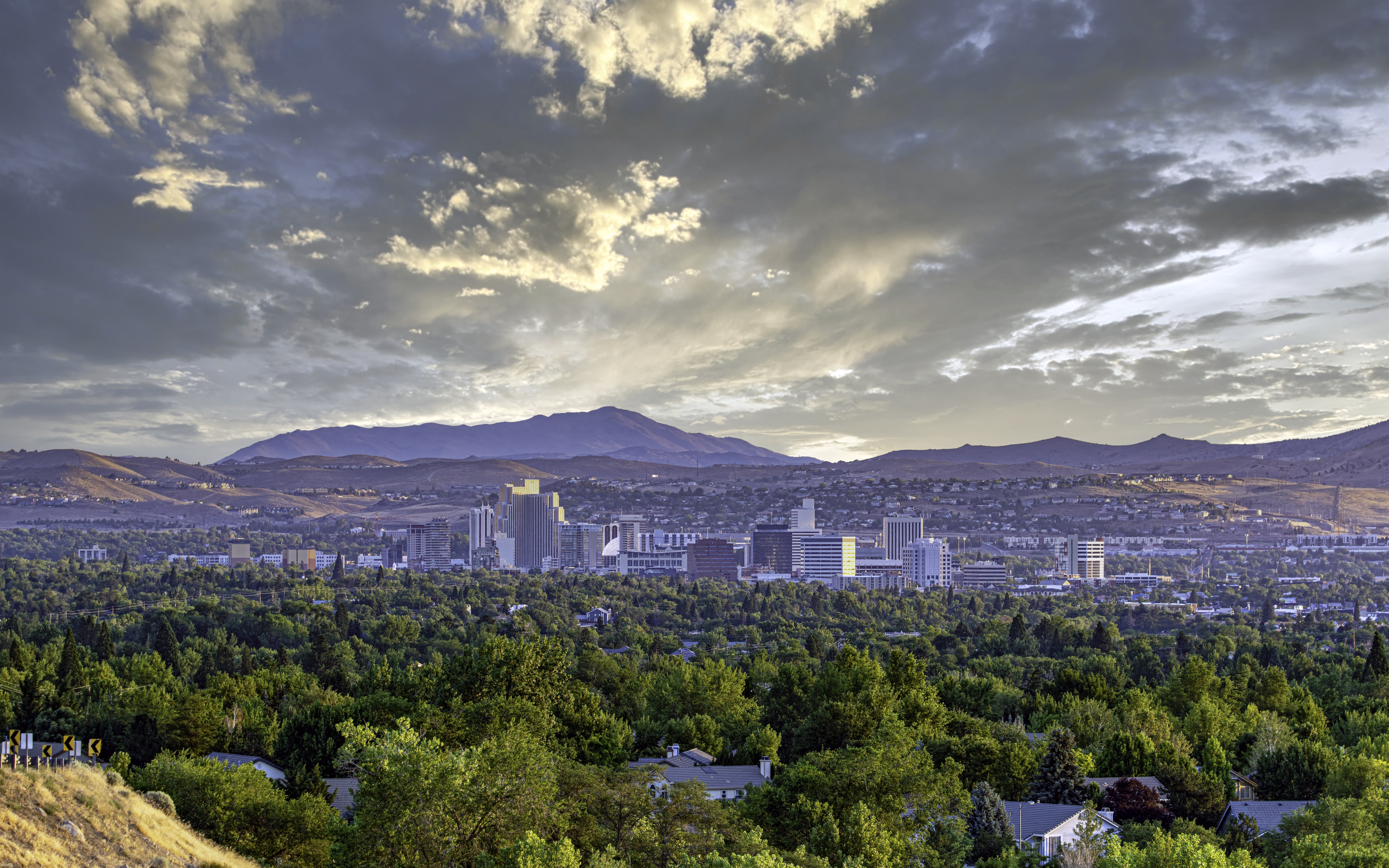 Cityscape Of The Downtown Reno Nevada Skyline With Hotels And Casinos.